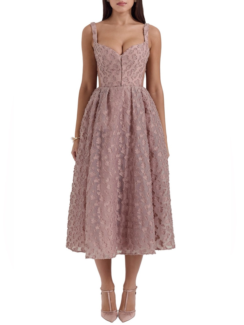 House of CB LOVELY French Rose Jacquard Sweetheart Neckline Midi Dress Medium